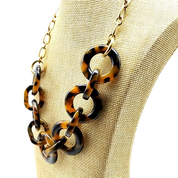 J. Crew Tortoise Shell Chain Link Statement Necklace Gold Tone Chunky - Picture 2 of 11